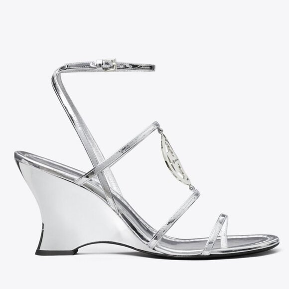 Tory Burch Silver Heeled Sandals with Strappy Design - Picture 1 of 13